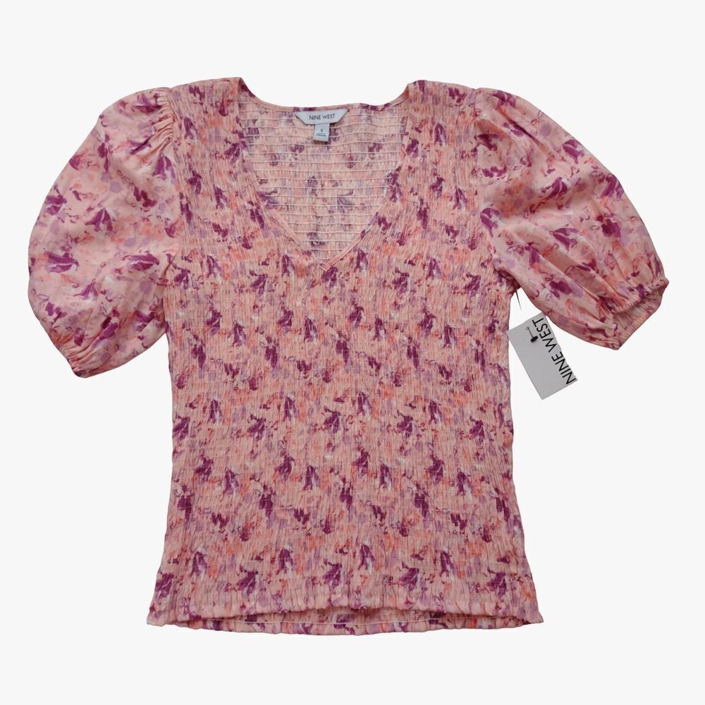 💰3/$25 Nine West Women's Blouse Elbow Puff Sleeve Smocked Pink Top V-Neck NWT S - Picture 2 of 13